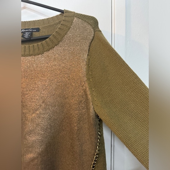 Kenneth Cole Olive Green Bronze Metallic Merino Wool Blend Knit Chain Sweater S - Picture 4 of 13